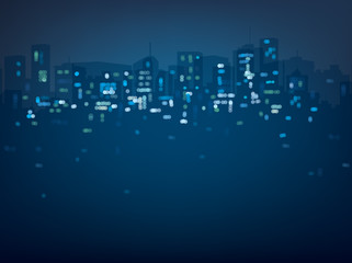 Vector bokeh night city background in blue colors.