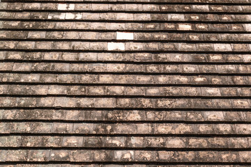 Old clay roof tiles with mold and algae on the surface.