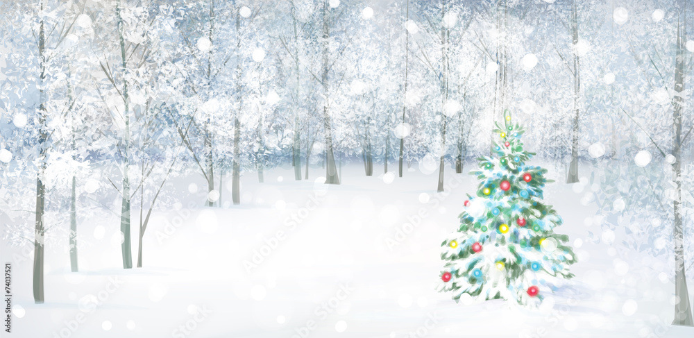 Canvas Prints vector christmas tree in snowy forest.