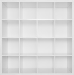 Empty white wooden bookshelf
