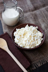 Delicious homemade cottage cheese with milk on the table