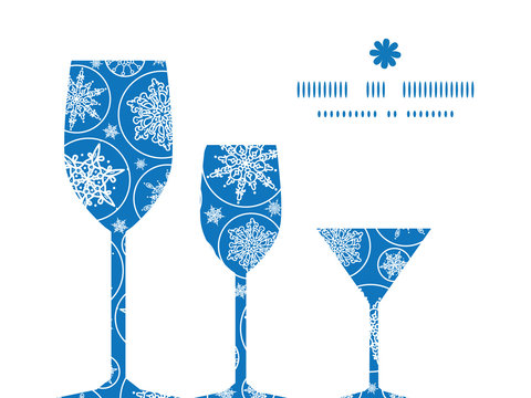Vector falling snowflakes three wine glasses silhouettes pattern