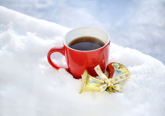 Tea Cup In Snow in Morning Winter Mood and Christmas Decor