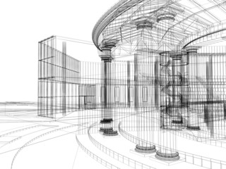Abstract architecture wireframe, render of building