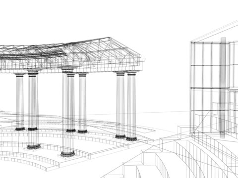 Abstract architecture wireframe, render of building