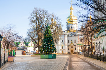 View of Kiev Pechersk Lavra with new year tree