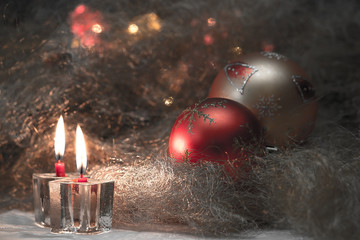 Christmas still life with candles and Christmas decorations - 74040749
