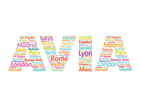 AVIA travel concept made with words cities names, vector collage