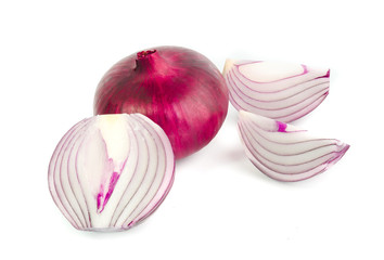 Purple Onion and chopped slices on white background