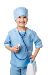 Boy with stethoscope playing in a doctor, isolated on white