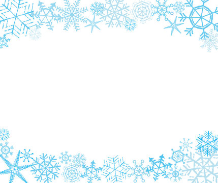 Hand-drawn snowflake frame in white and blue, upper and lower
