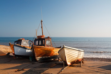 Boats on the slipway in Sidmouth, Devon, UK.