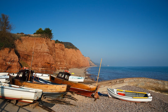 Boats on the slipway in Sidmouth, Devon, UK.