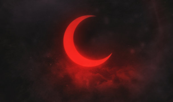 Illustrated red moon in clouds