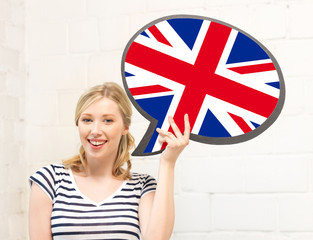 smiling woman with text bubble of british flag