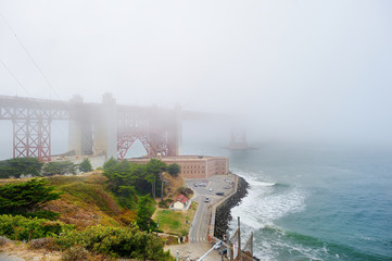 Golden Gate Bridge covered by fog