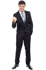 Full length portrait of young business man enjoying success