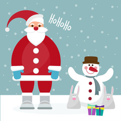 funny cartoon winter holidays card with Santa, rabbits and cute