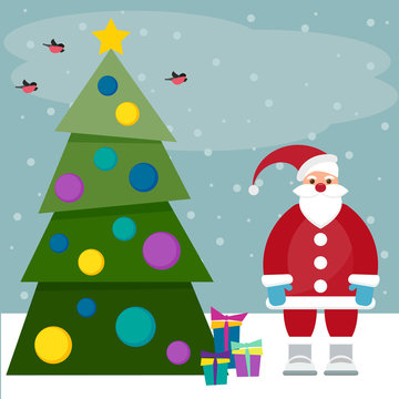 funny cartoon winter holidays background with Santa, spruce, bul