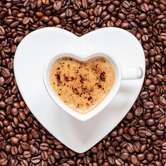 white coffee cup heart shaped with cappucino