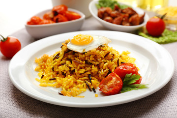 Tasty rice served on table, close-up