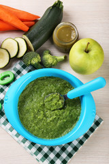 Fresh baby food in bowl with spoon