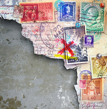 Scrapbook  in the wall with old stamps