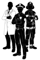 Emergency services team silhouettes