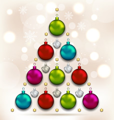 Christmas tree made of baubles, glowing background