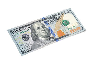 100 dollar bill closeup on white background