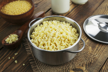 Millet porridge  in a metal pan