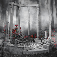 Ruiny altany w ciemnym lesie z czerwonymi różami - obrazy, fototapety, plakaty