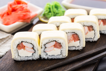 Sushi rolls with shrimps and cheddar cheese