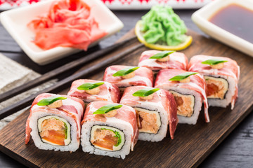 Sushi roll with bacon