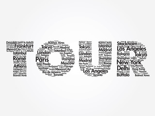 TOUR travel concept made with words cities names, vector collage