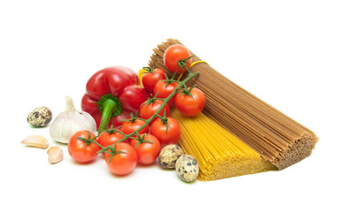 vegetables, quail eggs and pasta isolated on a white background