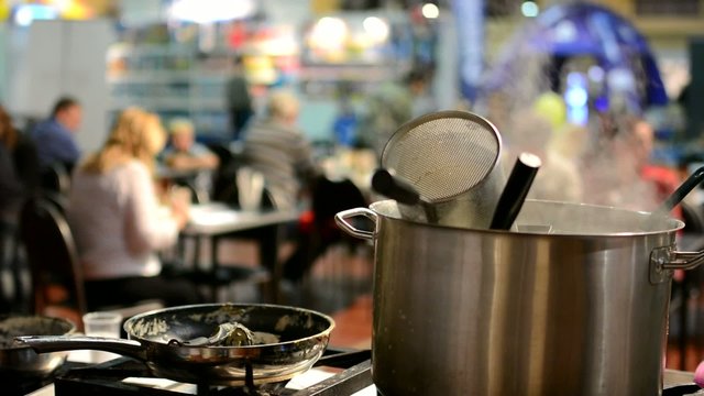 cooking stove with cookware - pots - restaurant (people)