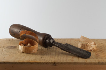 Wood, chisel and shavings of wood
