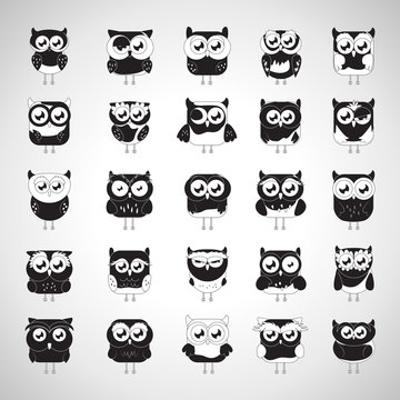 Owl Set - Isolated On Gray Background - Vector Illustration
