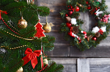 vintage christmas decoration over old wooden background