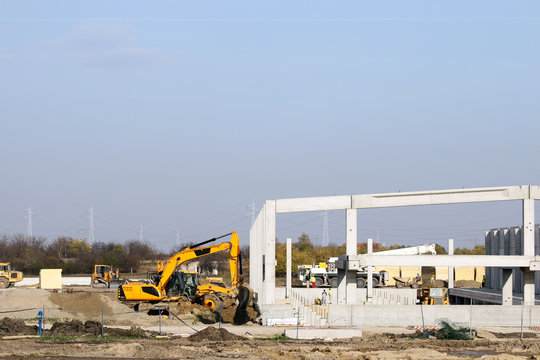 New Factory Construction Site With Workers