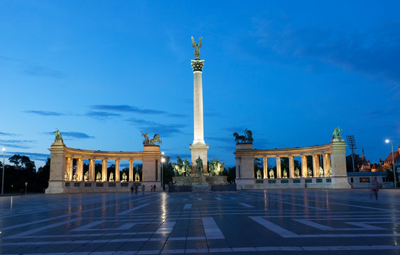 Heroes' Square in Budapest at night, Hungary