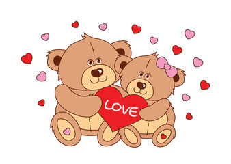 Two teddy bear holding a heart Vector characters Valentine's Day