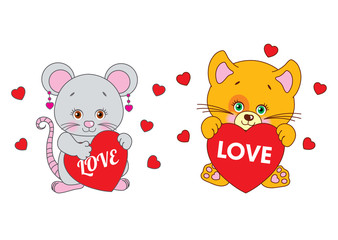 Mouse and cat holding a heart Vector characters Valentine's Day.