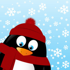 Cute cartoon penguin on winter background