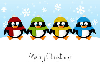Cute cartoon penguins on winter background