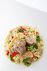 Spicy stir fried rice with beef and herbs