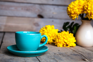 Flowers. Beautiful yellow chrysanthemum in a vase