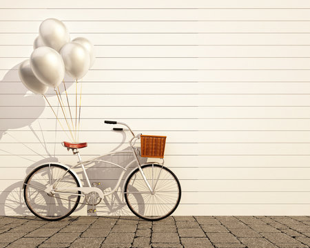 vintage hipster bicycle with balloon in front of  wall