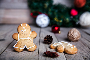 Christmas food. Gingerbread man cookies in Christmas setting.